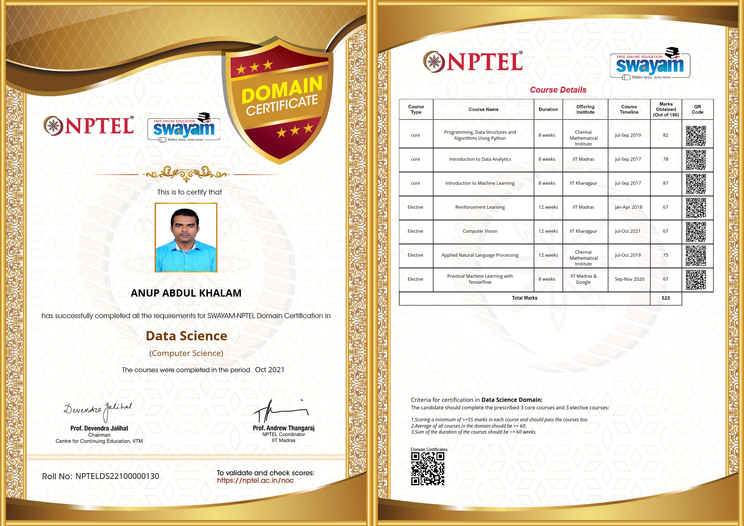 NPTEL Certificate NPTELDS22100000130