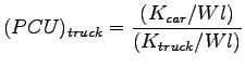 $\displaystyle (PCU)_{truck} = \frac{(K_{car}/Wl)}{(K_{truck}/Wl)}$