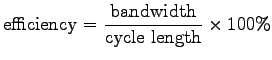 $\displaystyle \mathrm{efficiency} = \frac {\mathrm{bandwidth}}{\mathrm{cycle~length}} \times
100\%$