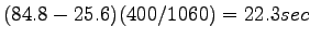 $\displaystyle (84.8-25.6)(400/1060) = 22.3 sec$