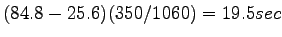 $\displaystyle (84.8-25.6)(350/1060) = 19.5 sec$