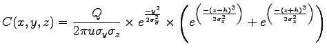 $\displaystyle C(x,y,z)=\frac{Q}{2\pi u\sigma_y\sigma_z}\times
e^{\frac{-y^2}{2...
...2}{2 \sigma_z^2}\right)}+
e^{\left(\frac{-(z+h)^2}{2\sigma_z^2}\right)}\right)$