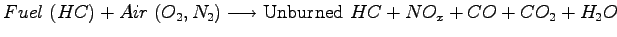 $\displaystyle Fuel~(HC) + Air~(O_2, N_2) \longrightarrow
 {\mathrm{Unburned}}~HC+NO_x+CO+CO_2+H_2O$