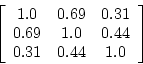 \begin{displaymath}
\left[ \begin{array}{ccc} 1.0&0.69&0.31 \\
0.69&1.0&0.44 \\
0.31&0.44&1.0 \\
\end{array} \right]
\end{displaymath}