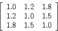 \begin{eqnarray*}
\left[ \begin{array}{ccc} 1.0&1.2&1.8 \\
1.2&1.0&1.5 \\
1.8&1.5&1.0 \\
\end{array} \right]
\end{eqnarray*}