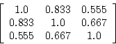 \begin{displaymath}
\left[ \begin{array}{ccc} 1.0 & 0.833 &0.555 \\
0.833 &1.0 & 0.667 \\
0.555 & 0.667 & 1.0 \\
\end{array} \right]
\end{displaymath}