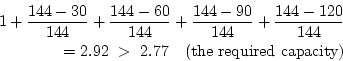 \begin{eqnarray*}
1+\frac{144-30}{144}+\frac{144-60}{144}+\frac{144-90}{144}+\frac{144-120}{144}\\
=2.92~>~2.77~~~(\mathrm{the~required~capacity})
\end{eqnarray*}