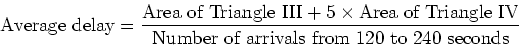 \begin{displaymath}\mbox{Average delay} = \frac{\mbox{Area of Triangle III} + 5 ...
...iangle IV}}{\mbox{Number of arrivals from 120 to 240 seconds}}
\end{displaymath}
