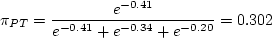 \begin{displaymath}\pi_{B} = \frac{e^{-0.34}}{e^{-0.41}+ e^{-0.34} + e^{-0.20}} = 0.324 \end{displaymath}