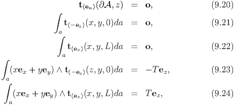              ∫     t(en)(∂A, z ) =   o,              (9.20)

              at(-ez)(x,y,0)da  =   o,              (9.21)
              ∫
                t(ez)(x,y, L)da  =   o,              (9.22)
∫              a

  (xex + yey) ∧ t(-ez)(z,y,0)da  =   - Tez,          (9.23)
∫a
   (xex +  yey) ∧ t(e )(x,y, L)da =   T ez,           (9.24)
  a                z
