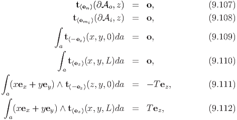                   t(en)(∂Ao, z ) =   o,             (9.107)
                  t    (∂A ,z ) =   o,             (9.108)
             ∫     (emi)    i
               t     (x,y,0)da  =   o,             (9.109)
              a (-ez)
              ∫
                t(ez)(x,y, L)da  =   o,             (9.110)
∫              a

  (xex + yey) ∧ t(-ez)(z,y,0)da  =   - Tez,         (9.111)
∫a
   (xex +  yey) ∧ t(e )(x,y, L)da =   T ez,          (9.112)
  a                z
