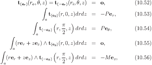        t(er)(ro,θ,z) = t(-er)(ri,θ,z)  =   o,           (10.52)
                 ∫
                    t(eθ)(r,0,z )drdz   =   - P er,      (10.53)
             ∫    a
                     (   π-  )
                t(- eθ)  r,2 ,z drdz   =   Peθ,         (10.54)
    ∫         a
      (rer + zez) ∧ t(e )(r,0,z )drdz   =   o,           (10.55)
     a                θ
∫                    (   π   )
  (rer + zez) ∧ t(- eθ)  r,--,z drdz   =   - M ez,      (10.56)
 a                       2
