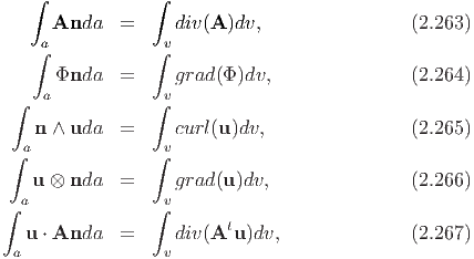    ∫             ∫
      Anda   =      div(A )dv,                 (2.263)
    a             v
    ∫            ∫
      Φnda   =      grad(Φ )dv,               (2.264)
 ∫   a           ∫v

  a n ∧ uda  =    v curl(u)dv,                (2.265)
 ∫               ∫
    u ⊗ nda  =      grad(u )dv,                (2.266)
∫ a              ∫v
                          t
   u ⋅ Anda  =      div(A u )dv,              (2.267)
 a                v

