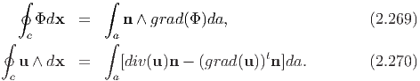   ∮           ∫
    Φdx   =      n ∧ grad(Φ )da,                   (2.269)
∮  c          ∫a
                                     t
  u ∧ dx  =     [div(u)n - (grad (u))n ]da.        (2.270)
 c             a
