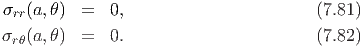 σrr(a,θ)  =   0,                       (7.81)
σrθ(a,θ)  =   0.                       (7.82)
