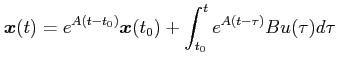 $\displaystyle \boldsymbol{x}(t) = e^{A(t-t_0)}\boldsymbol{x}(t_0)+\int_{t_0}^te^{A(t-\tau)}Bu(\tau)d\tau
$