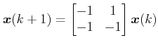$\displaystyle \boldsymbol{x}(k+1) = \begin{bmatrix}-1 & 1 \\ -1 & -1 \end{bmatrix} \boldsymbol{x}(k)$