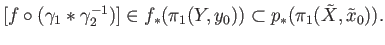 $\displaystyle [f\circ (\gamma_1*\gamma^{-1}_2)] \in f_*(\pi_1(Y, y_0)) \subset p_*(\pi_1(\tilde{X}, {\tilde x}_0)).
$