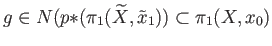 $ g \in N(p{*}(\pi_1(\widetilde X, \tilde x_1)) \subset \pi_1(X, x_0)$