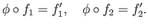$\displaystyle \phi\circ f_1 = f^{\prime}_1,\quad \phi\circ f_2 = f^{\prime}_2.
$