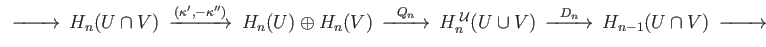 $\displaystyle \begin{CD}
0 @> >> S(U\cap V)@> (i_1, -i_2) >> S(U)\oplus S(V) @> j_1 + j_2 >> S^{\;{\cal U}}(U\cap V)@> >> 0.
\end{CD} \eqno(34.11)
$