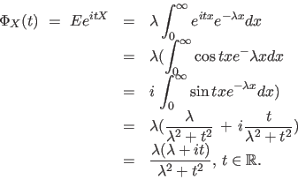 \begin{displaymath}
\begin{array}{lll}
\Phi_X(t) \ = \ Ee^{itX} & = &\displays...
...bda+it)}{\lambda^2+t^2} , \, t \in \mathbb{R} }.
\end{array}
\end{displaymath}