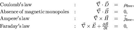 \begin{displaymath}
\begin{array}{lcrcl}
{\rm Coulomb's\,law} &\,:\,& \vec{\na...
...rac{\partial {\vec{B}}}{\partial t}&\,=\,& 0,\\
\end{array}
\end{displaymath}