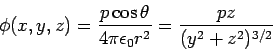 \begin{displaymath}\phi(x,y,z) = \frac{p\cos\theta}{4\pi\epsilon_0r^2} = \frac{pz}{(y^2+z^2)^{3/2}}\end{displaymath}