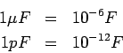 \begin{eqnarray*}
1 \mu F &=& 10^{-6} F\\
1 pF &=& 10^{-12} F
\end{eqnarray*}