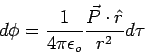 \begin{displaymath}d\phi = \frac{1}{4\pi\epsilon_o} \frac{\vec P\cdot\hat r}{r^2}d\tau\end{displaymath}