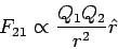 \begin{displaymath}F_{21} \propto \frac{Q_1Q_2}{r^2}\hat r\end{displaymath}