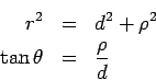 \begin{eqnarray*}  r^2 &=& d^2 + \rho^2\\  \tan\theta &=& \frac{\rho}{d}  \end{eqnarray*}