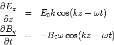 \begin{eqnarray*} \frac{\partial E_x}{\partial z} &=& E_0 k \cos(kz-\omega t)\\ \frac{\partial B_y}{\partial t} &=& -B_0 \omega \cos(kz-\omega t) \end{eqnarray*}