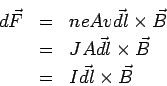\begin{eqnarray*}  d\vec F &=& neAv\vec{dl}\times\vec B\\  &=& JA \vec{dl}\times\vec B\\  &=& I \vec{dl}\times\vec B  \end{eqnarray*}