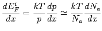 $\displaystyle \frac{dE_F^i}{dx} = \frac{kT}{p}\frac{dp}{dx} \simeq \frac{kT}{N_a}\frac{dN_a}{dx}$