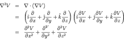 \begin{eqnarray*} \nabla^2 V &=& \nabla\cdot(\nabla V)\\ &=& \left(\hat\imath\... ...frac{\partial^V} {\partial y^2}+\frac{\partial^2V}{\partial z^2} \end{eqnarray*}