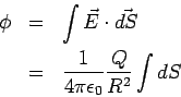 \begin{eqnarray*}
\phi &=& \int \vec E\cdot\vec{dS}\\
&=& \frac{1}{4\pi\epsilon_0}\frac{Q}{R^2}\int dS
\end{eqnarray*}