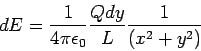 \begin{displaymath}dE = \frac{1}{4\pi\epsilon_0}\frac{Qdy}{L}\frac{1}{(x^2+y^2)}\end{displaymath}