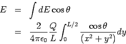 \begin{eqnarray*}
E &=& \int dE\cos\theta\\
&=& \frac{2}{4\pi\epsilon_0}\frac{Q}{L} \int_0^{L/2}\frac{\cos\theta}
{(x^2+y^2)}dy
\end{eqnarray*}