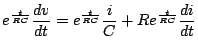 $\displaystyle e^{\frac{t}{RC}}\frac{dv}{dt}=e^{\frac{t}{RC}}\frac{i}{C}+Re^{\frac{t}{RC}}\frac{di}{dt}$