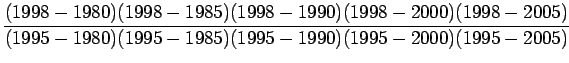 $\displaystyle \frac{(1998-1980)(1998-1985)(1998-1990)(1998-2000)(1998-2005)}{(1995-1980)(1995-1985)(1995-1990)(1995-2000)(1995-2005)}$