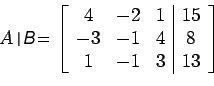 \begin{displaymath}A/b= \left[%
\begin{array}{ccc\vert c}
4 & -2 & 1 & 15 \\ ...
...3 & -1 & 4 & 8 \\
1 & -1 & 3 & 13 \\
\end{array}%
\right]\end{displaymath}