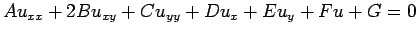 $\displaystyle A u_{xx}+2B u_{xy}+Cu_{yy}+Du_{x}+Eu_{y}+Fu+G=0$